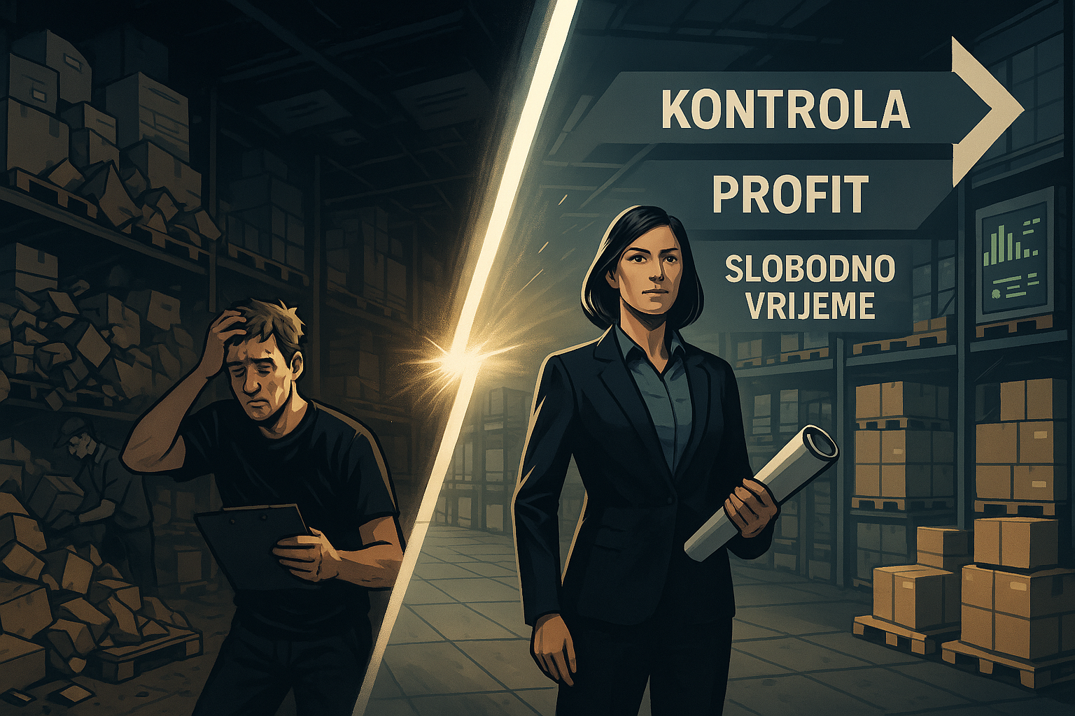 Menadžer u skladištu s rukama u džepovima, okrenut prema zatvorenim vratima s natpisom “OPTIMIZACIJA” – ključna riječ: optimizacija zaliha.